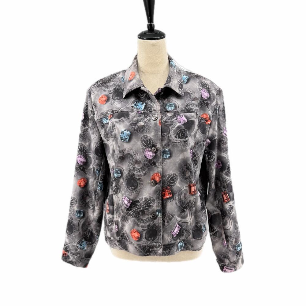 St. John Sport Gray Jewel Gem Print Retro Art Deco Button Up Grannycore Jacket